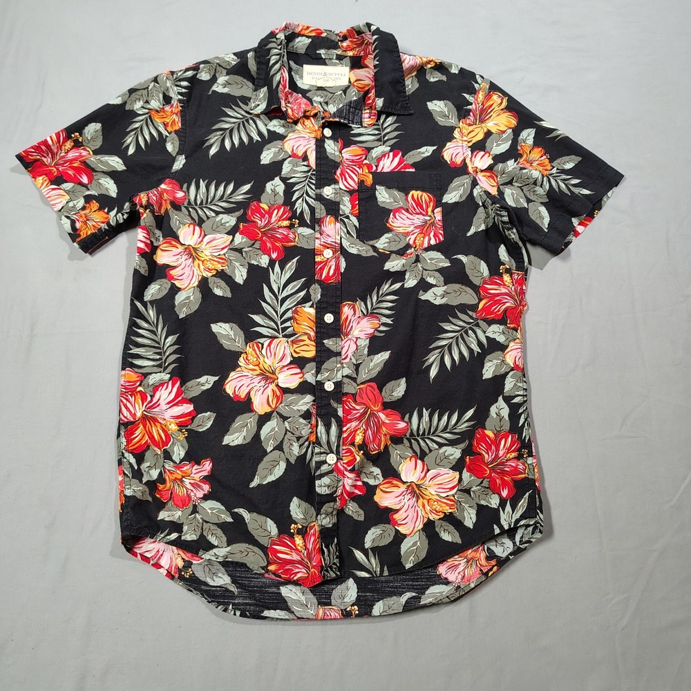 Denim Supply Ralph Lauren Shirt Mens Small Black Floral Cotton Tropical Hibiscus